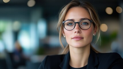 A confident woman with her arms crossed, posing in a modern office, wearing glasses and a black blazer, exuding professionalism and assurance indoors.