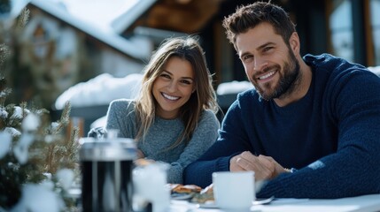 Fototapeta premium A joyful couple sits outdoors at a snow-covered table, relishing a warm meal and coffee, surrounded by a cozy winter setting, sharing laughter and warmth.