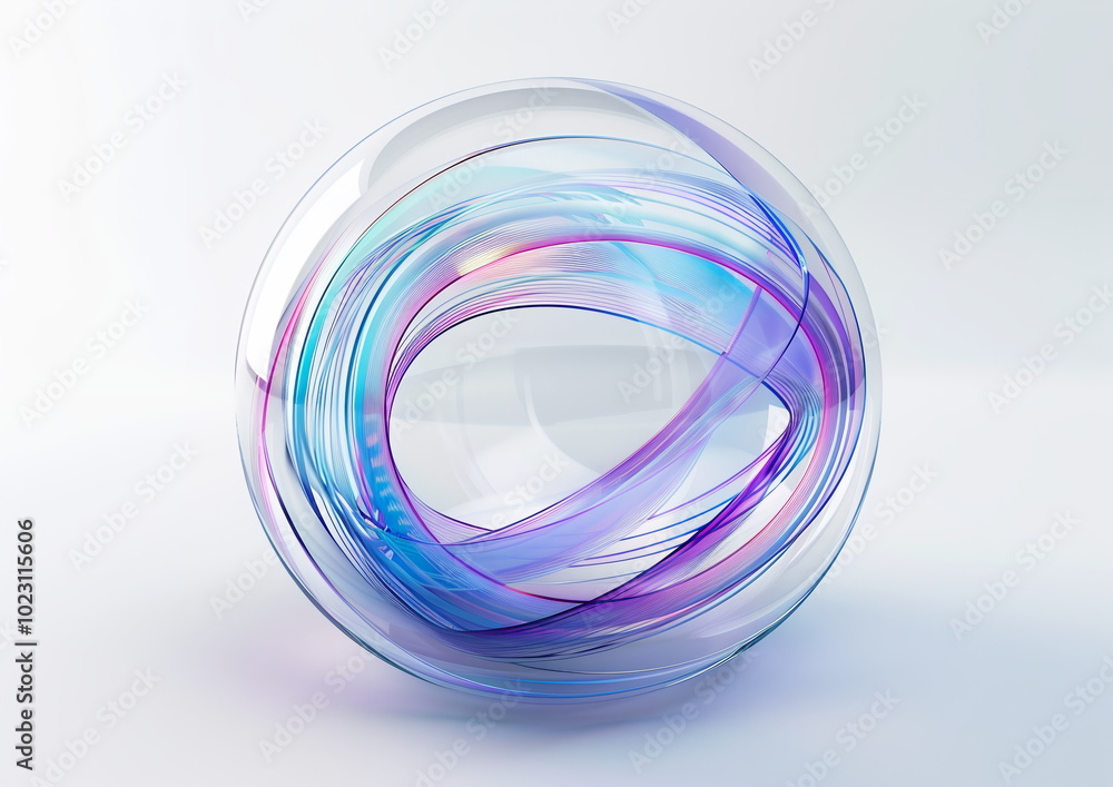 Fototapete abstract transparent glass sphere with blue and purple lines on white background, 3d rendering illus