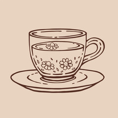 Cup of tea with chamomile. Hand drawn vector illustration in outline style.