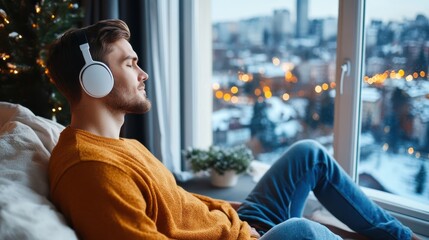 A man wearing headphones relaxes by a window, overlooking a winter cityscape. He sits on a couch, surrounded by cozy decor and plants, enjoying serene music.