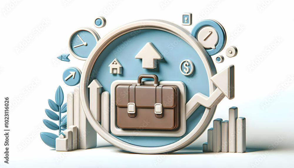 Poster 3d business development border frame with arrow and briefcase icons, generous copy space for growth 
