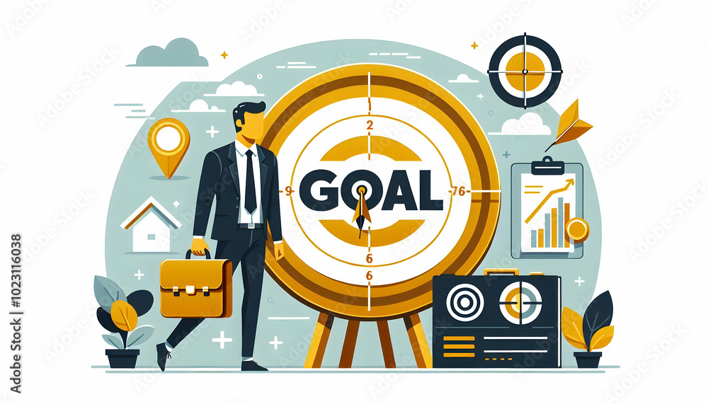 Poster flat vector illustration of briefcase and target with 'goal' text - symbolizing business objectives 
