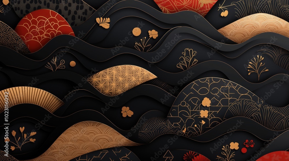 Wall mural Abstract composition featuring black waves with intricate gold and red patterns. The image showcases varied designs including florals, geometric shapes, and organic motifs.