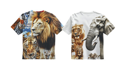 Plain t-shirt mockup template showing a detailed front and back view of various animal designs, png file, polo shirt, t-shirt mockup design template, t-shirt, t-shirt mo , on a transparent backgrounds