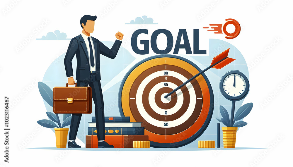 Poster flat vector illustration of briefcase and target with goal concept - simple business design for comp