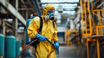 Worker in hazmat suit with spraying equipment, cleaning a hazardous environment.