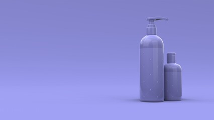Elegant cosmetic bottles with label on blue background. Modern cover design. 3d illustration.