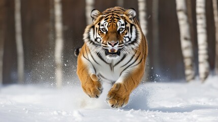 Obraz premium Sled Tiger sprinting across the snow. Gorgeous, lively, and strong picture of this magnificent animal. placed in a setting suitable for this incredible creature. Meadows and birches.