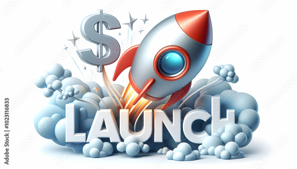 Poster 3d flying rocket and dollar sign launch concept - vector design of rocket defying gravity with dolla