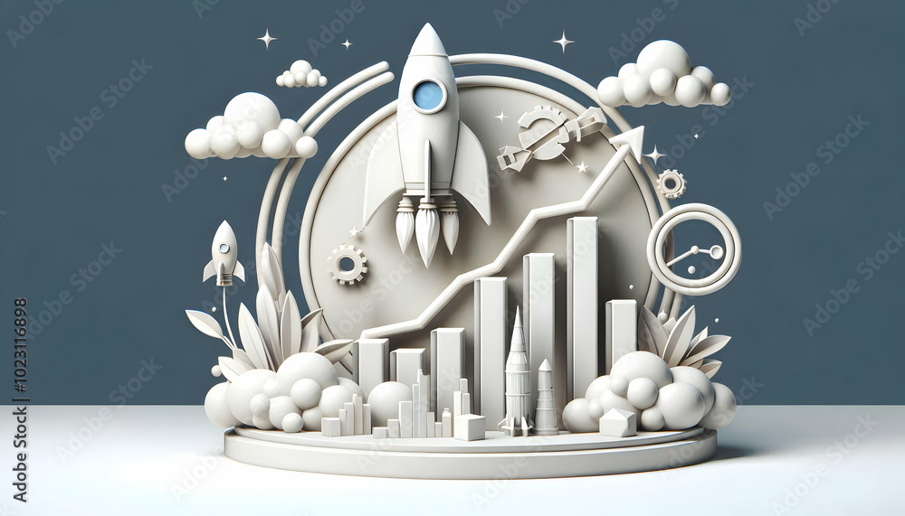 Poster 3d border frame with rocket and rising graph - business growth concept icon on white background | pe
