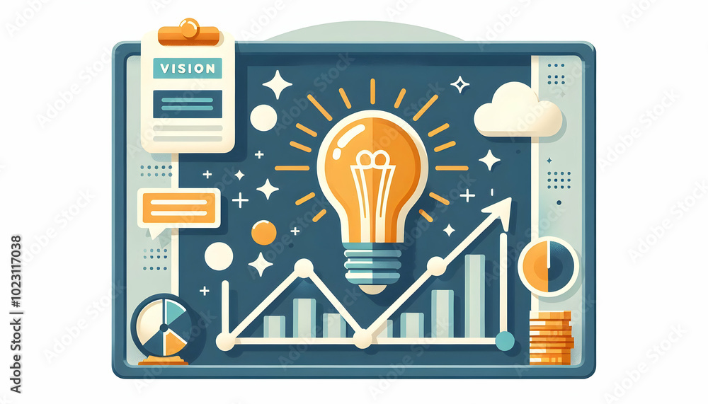 Poster flat border frame design featuring light bulb and rising graph for visionary business concepts - ide