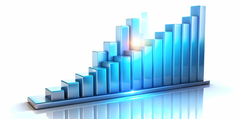 3D Glowing Abstract Bar Chart with Rising Data Streams Representing Growth and Financial Success - Icon on White Background with Upward Camera Movement