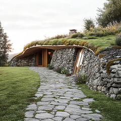 An earth house made of natural stone and an overgrown roof, a dugout, a hobbit house,