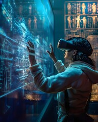 Person in VR Glasses Interacting with Virtual Museum Exhibit Showcasing Blended Digital and Ancient Artifacts