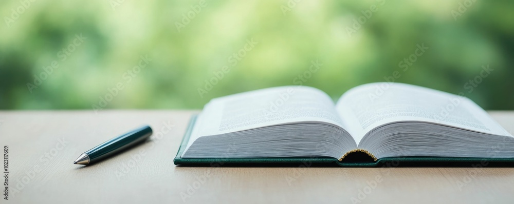 Poster freshly opened book with pen beside it symbolizing the start of a new story the image depicts an ope
