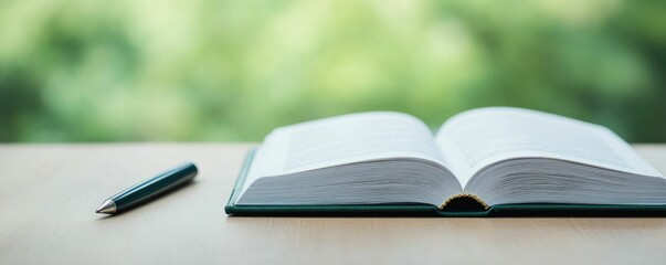 Freshly Opened Book with Pen Beside It Symbolizing the Start of a New Story  The image depicts an open book on a desk or table with a pen placed next to it