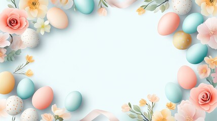 Fototapeta premium Colorful Easter eggs surrounded by delicate flowers on a soft blue background, perfect for spring-themed designs and celebrations.