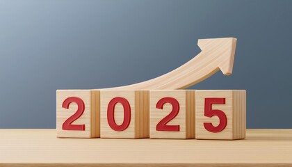 Wooden blocks showing the year 2025 with an upward arrow, representing growth and future planning.
