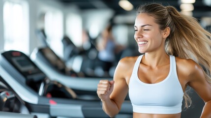 Obraz premium A cheerful and energetic woman in a high ponytail and white sportswear runs energetically on a treadmill, enjoying her fitness routine inside a spacious modern gym.