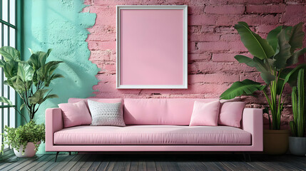 A stylish pink sofa against a colorful wall with plants.
