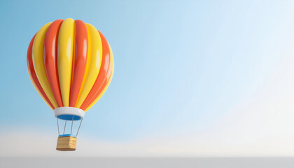 Obraz premium Colorful hot air balloon soaring in a clear blue sky, symbolizing freedom and adventure.