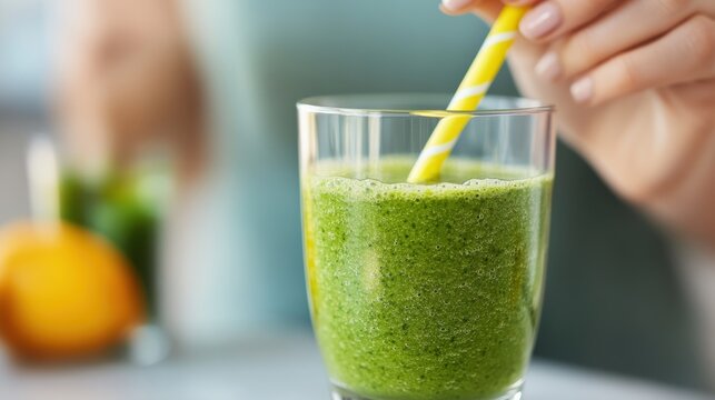 A close-up image of a vibrant green smoothie in a clear glass, adorned with a yellow-striped straw, showcasing a sense of freshness and vitality in design.