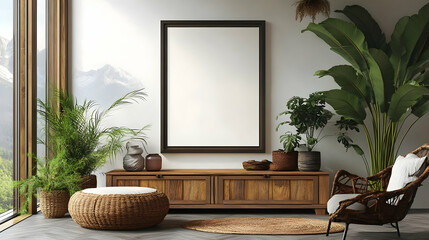 Modern living room with plants, wooden furniture, and mountain view.
