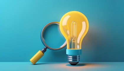 Creative concept of idea generation with a light bulb and magnifying glass on a blue background.