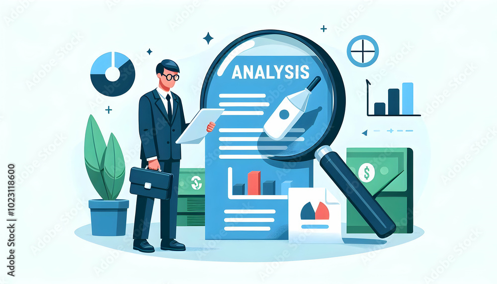 Poster flat vector of isolated magnifying glass over document featuring the word 'analysis' - simple illust