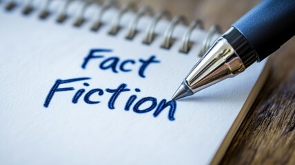 Pen writing "Fact" and "Fiction" on notepad with spiral binding