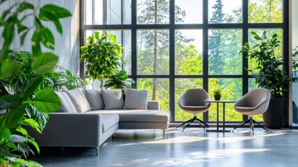 A huge, modern office lounge with a plush couch, lots of windows, tall chairs, lush greenery, and an organized workstation