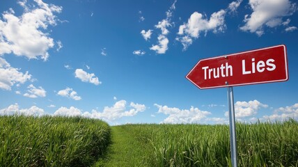 Diverging paths in field, sign pointing to truth and lies