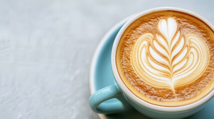 Cozy Latte Art Display, a close-up view of a beautifully crafted coffee cup featuring intricate latte art, inviting warmth and simplicity with ample space for text.