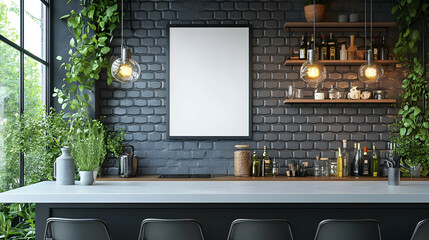 Modern kitchen with plants and a blank frame for decoration.