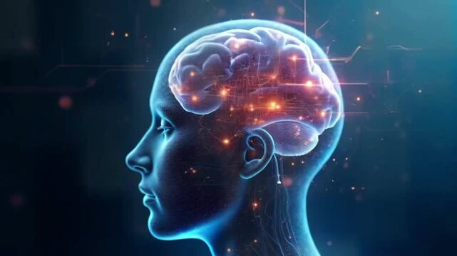 Human head with neon brain emblem, medicine. footage, for studying biology, human anatomy, scienc