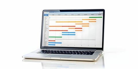 Flat Glossy Laptop Displaying Marketing Software with Project Timeline: A Close-up of Planning and Organization in Smart Business Concept - Vector Illustration