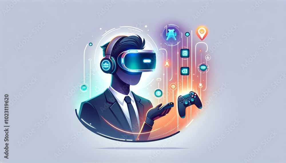 Poster flat holographic vr headset with softly glowing floating elements - simple vector illustration on cl