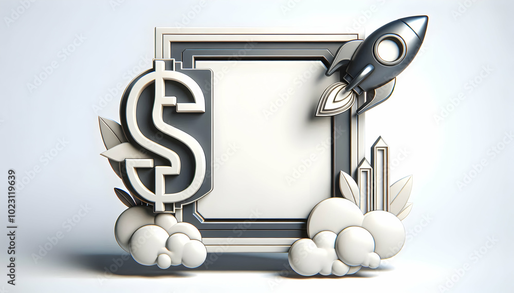 Poster 3d border frame design with rocket and dollar sign for business launch concept, ideal for branding a