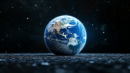 A Single Blue Planet Resting on a Dark Surface Against a Starry Sky
