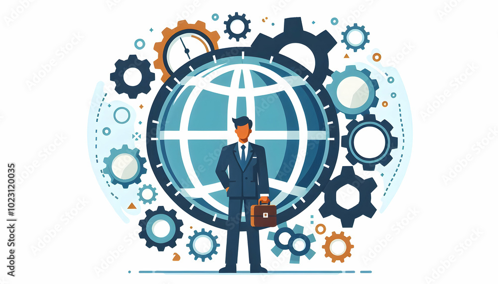 Poster flat vector illustration of globe surrounded by gears representing globalization concept in simple d