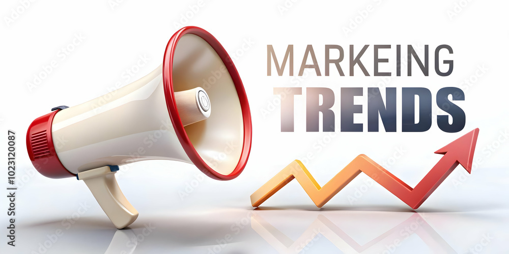 Poster 3d floating megaphone and chart illustration with marketing trends text concept | dynamic vector des