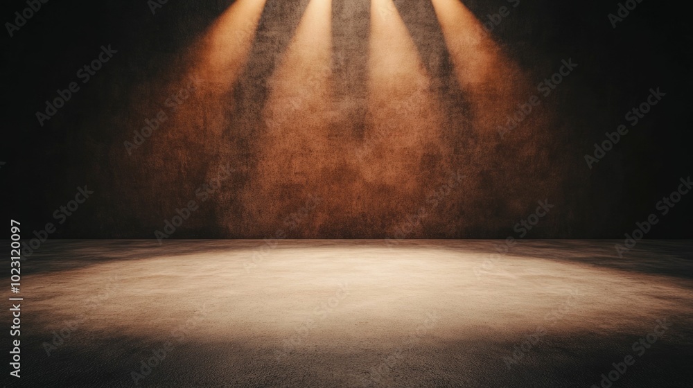 Poster minimalist stage setting with a single warm golden spotlight creating a sophisticated and elegant am