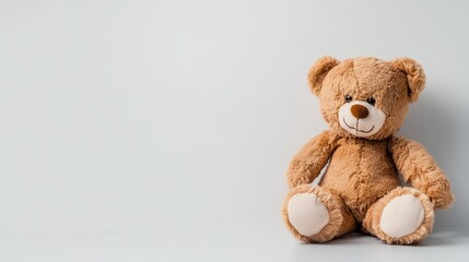 Obraz premium Cute brown teddy bear sitting on a soft gray background, perfect for children's themed projects and playful designs.