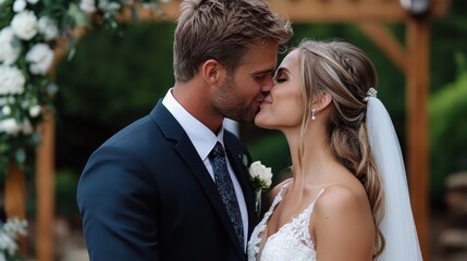 A bride and groom share a loving kiss during their outdoor wedding ceremony. The image captures romance and joy, a timeless expression of marital bliss.