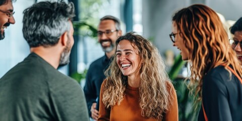 Diverse group of business people laughing person office.