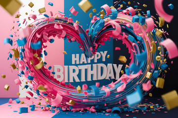 Obraz premium A colorful explosion of confetti with the words Happy Birthday written in white. Concept of celebration and joy, as if the confetti is falling from the sky to welcome someone to their birthday party