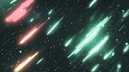 Fototapeta premium A vibrant depiction of colorful shooting stars against a dark cosmic background.