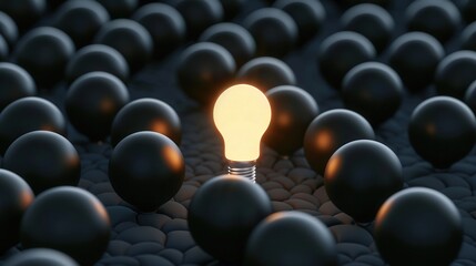Fototapeta premium Illuminated Bulb Among Shadows, a striking visual metaphor for creativity and innovation, showcasing one vibrant bulb standing out amidst a sea of darkness, 3D rendering.