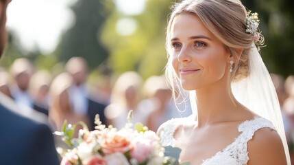 A graceful blonde bride holding a bouquet stands poised and smiling, beautifully framed by the blurred background of wedding guests in an outdoor setting.